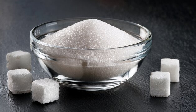 granulated white sugar in a glass bowl with sugar cubes on dark slate background