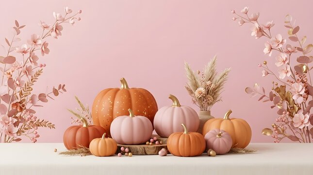 Autumn harvest pumpkins and gourds arranged on white shelf with floral decor backdrop