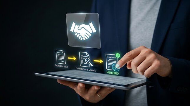 Business person using digital tablet for electronic contract signing and agreement workflow.