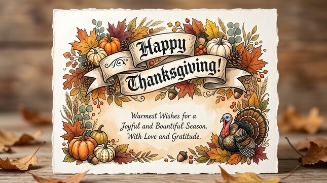 Handmade Thanksgiving greeting card with autumn floral wreath and festive message for family celebrations