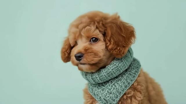 Curly puppy with knitted scarf mint background, cute puppy wearing knitted scarf, cute dog portrait