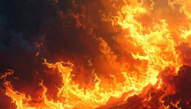 Intense orange and yellow flames burning against dark background