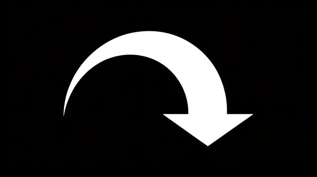 White curved arrow pointing down on a black background