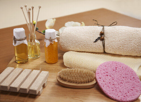 Close-up of spa products on a table 