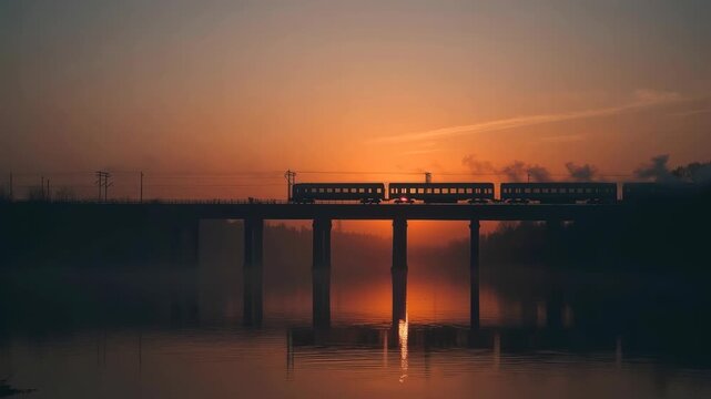 Sunset train bridge over river reflection at twilight, scenic landscape view