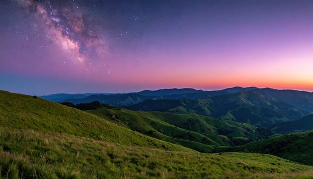 Milky Way galaxy over green mountain landscape at sunset