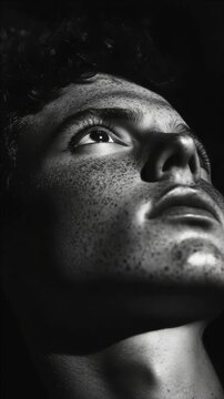 Close-up of a contemplative young man with curly hair and water droplets on his face. His gaze is downcast, suggesting introspection or concern.
