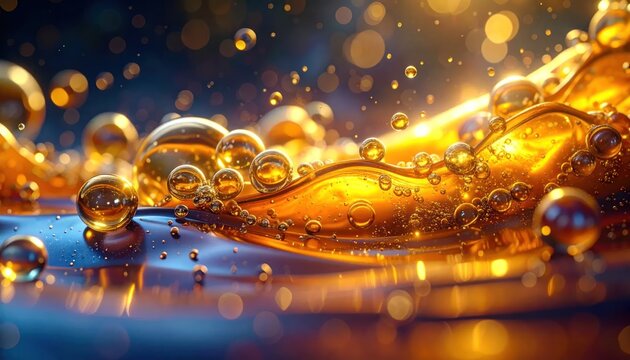 Golden liquid bubbles and waves on dark blue background