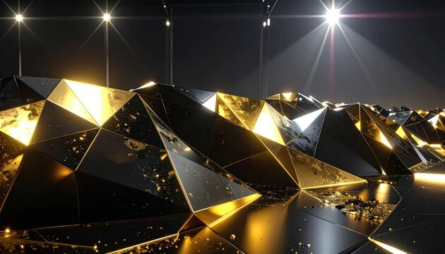 Black and gold low poly geometric landscape with spotlights