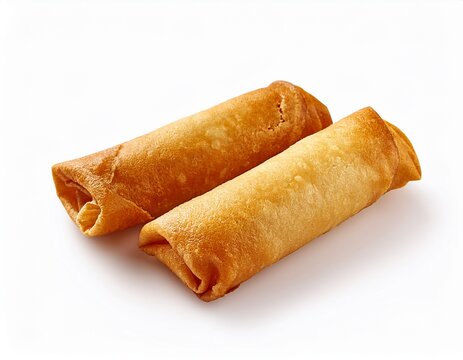 two crispy golden brown egg rolls filling appetizer snack food delicious isolated close up white background