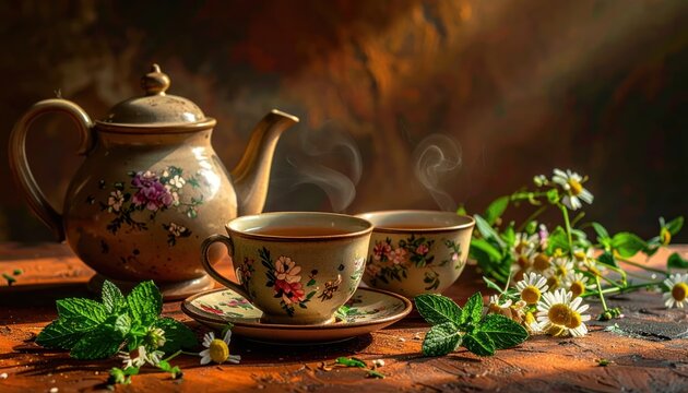 Hot chamomile tea in vintage floral cups with fresh mint