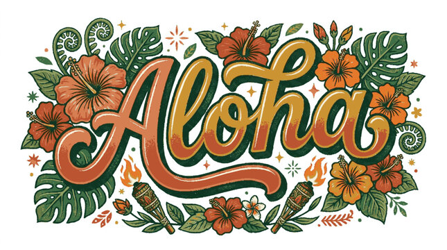 Vintage hand lettered aloha typography surrounded by tropical hibiscus flowers and decorative tiki torches for summer design with lettering