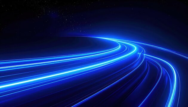 Futuristic blue light trails curving through space with stars