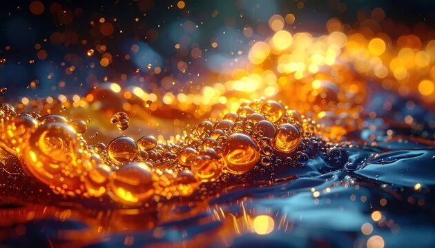 Abstract golden bubbles splashing in deep blue liquid background