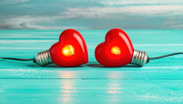 Two glowing red heart shaped light bulbs on blue wood