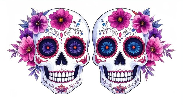 Decorative watercolor sugar skulls with pink flowers on white background