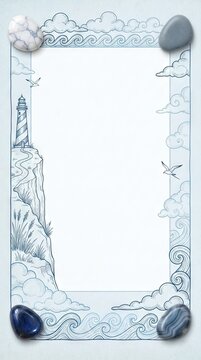 Lighthouse seashell frame with blue waves
