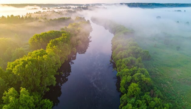 Aerial view of misty river winding through forest at sunrise