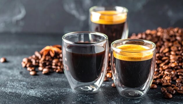Three espresso glasses on dark surface with roasted coffee beans