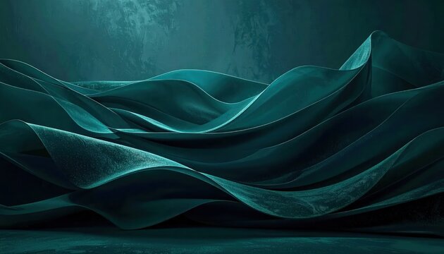 Abstract dark green flowing waves of textured silk fabric