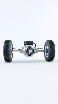 Automotive differential and axle assembly with electric motor and wheels, showcasing drive system engineering and power transmission