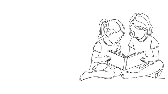 animated continuous line drawing of two young girls sitting on floor reading a book, education, friendship, sibling bonding and childhood learning concept, line art animation