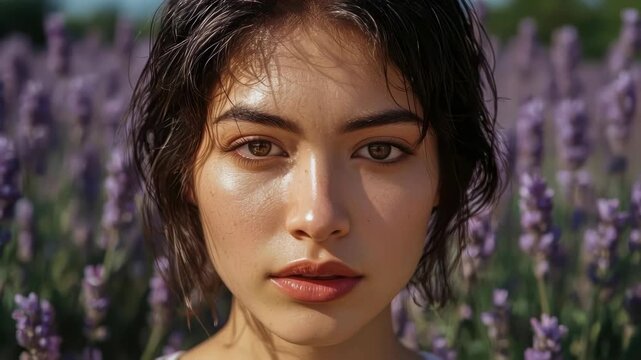 Young woman portrait in lavender flower field, face in natural light, soft blur