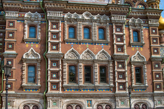 Ornate red brick facade pattern of Church of the Savior on Blood with copy space