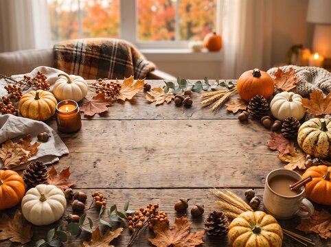 Beautiful rustic autumn flat lay featuring pumpkins, colorful fall leaves, candles, pinecones and seasonal decorations arranged around a large central copy space. Perfect for Thanksgiving