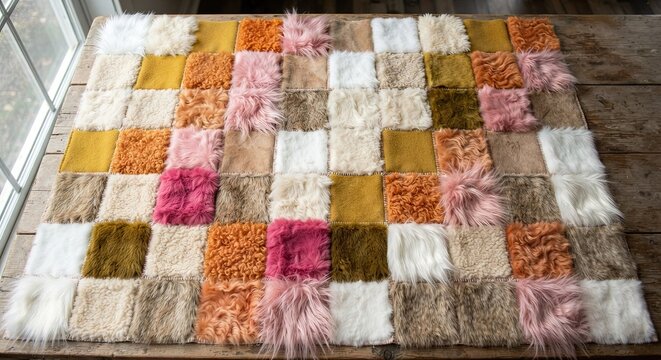 Colorful patchwork fur rug with fluffy squares
