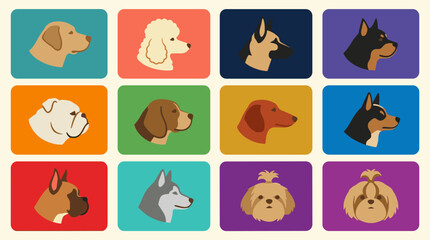 Obraz premium Set of 9 diverse dog breed head icons in flat design style, isolated on white background