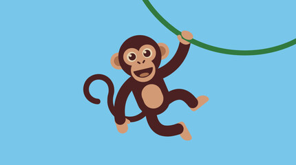 Playful flat design chimpanzee swinging on a green vine against a solid blue background, vector illustration