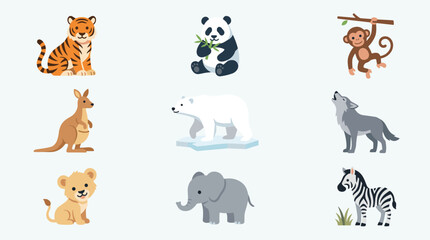 Obraz premium Set of nine flat design zoo animal icons: tiger, panda, monkey, kangaroo, polar bear, wolf, lion cub, elephant, zebra
