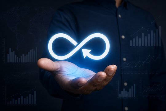 Hand holding glowing infinity symbol with digital data background representing innovation