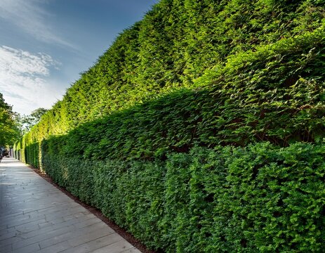 tall trimmed green hedge wall along sidewalk