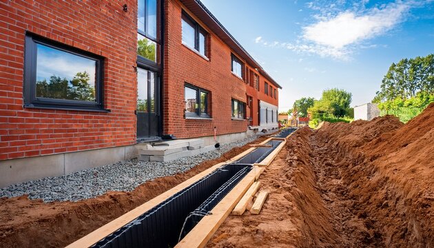 construction site with a drainage trench along a red brick house