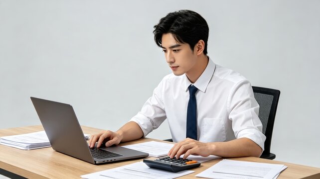 Young businessman working on laptop at office desk with documents and reports