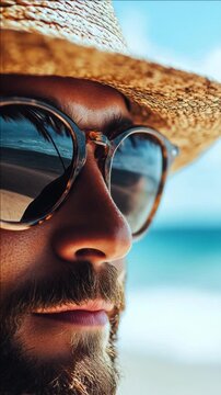 A man wearing sunglasses and a straw hat enjoying the beach view.