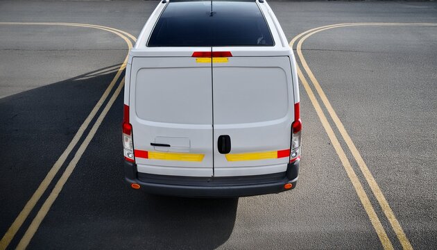 white delivery van demonstrating blind spot zones with red and yellow warning areas on clean gray background for road safety education