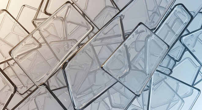 Abstract background, of stacked transparent, rectangular glass plates, with soft gradient lighting