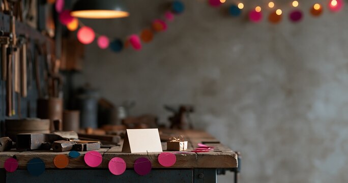 Rustic workshop table with gift and card