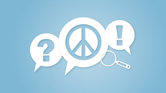 A conceptual digital illustration featuring speech bubbles with a peace symbol, question mark, exclamation mark, and a magnifying glass on a light blue background.