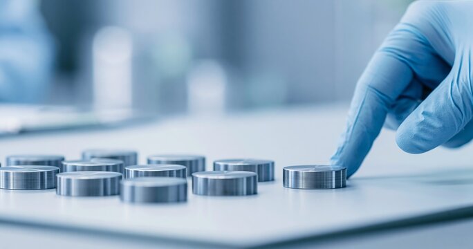 Gloved hand interacting with metal discs