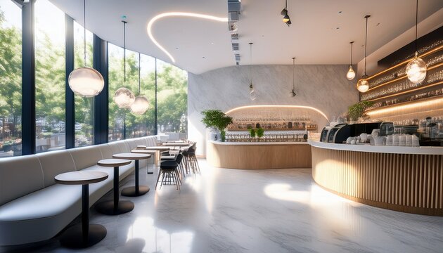 blurred modern cafe interior minimalist marble counter hanging globe lights contemporary restaurant seating bright airy boutique coffee shop