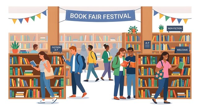 Diverse students and readers browsing bookshelves at a school book fair festival inside a library or bookstore