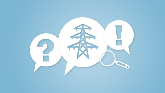 Conceptual image with communication bubbles, question mark, power pylon, exclamation mark, and magnifying glass on blue background, representing energy questions and issues.
