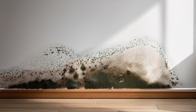black mold and fungus growing on indoor white wall near wooden baseboard
