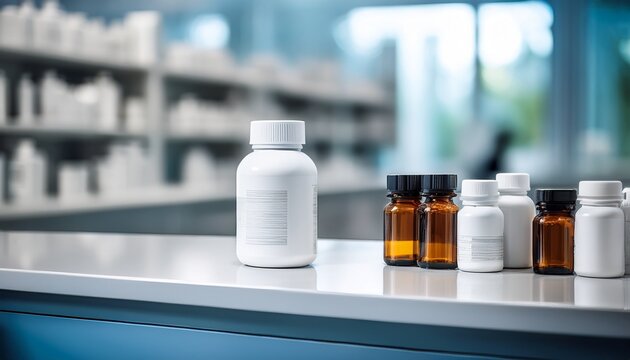white plastic medicine bottle stands on clean laboratory counter in bright pharmaceutical research facility for medical healthcare packaging