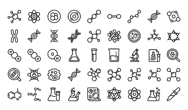 Chemistry Molecular Bond and DNA Research Linear Icons Collection Vector