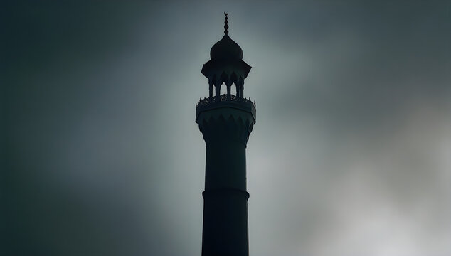 Silhouette of a tall mosque minaret against a cloudy sky illustration